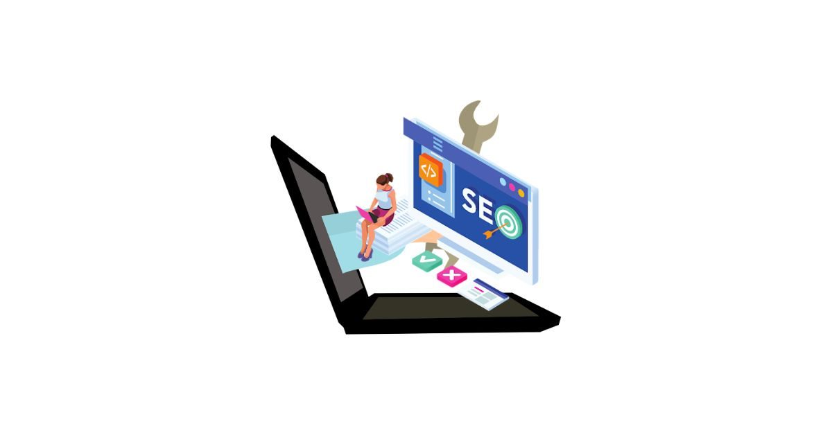 Illustration representing SEO tools, featuring a hand holding a wrench coming out of a laptop.